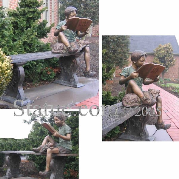 Boy Reading On Bench With A Dog Bronze Statue